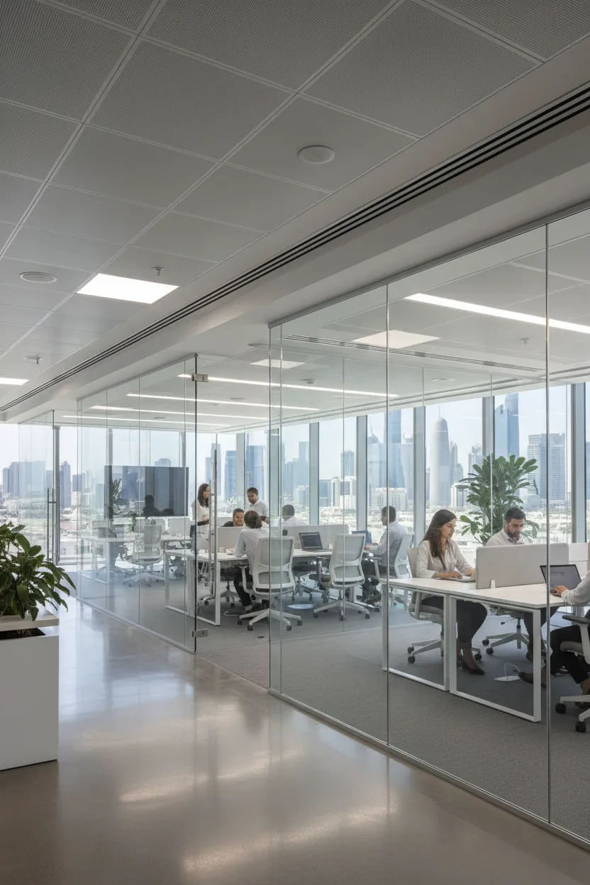 Premium commercial office interior featuring a seamless floor-to-ceiling acoustic glass partition wall system and custom frameless glass meeting room doors installed by Al Najm Glass and Mirror in a high-rise office in West Bay, Doha, Qatar.
