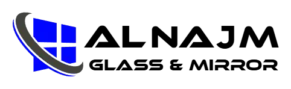 Official brand logo for Al Najm Glass and Mirror in Doha, Qatar, featuring a modern blue window pane grid graphic symbol and bold architectural black lettering layout.