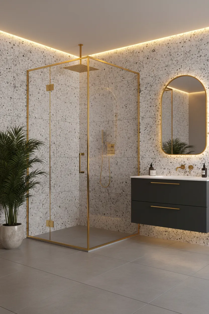 Luxury terrazzo bathroom featuring a custom arched LED backlit smart vanity mirror and a gold profile frame corner glass shower cabin custom installed by Al Najm Glass and Mirror in a Doha villa, Qatar.