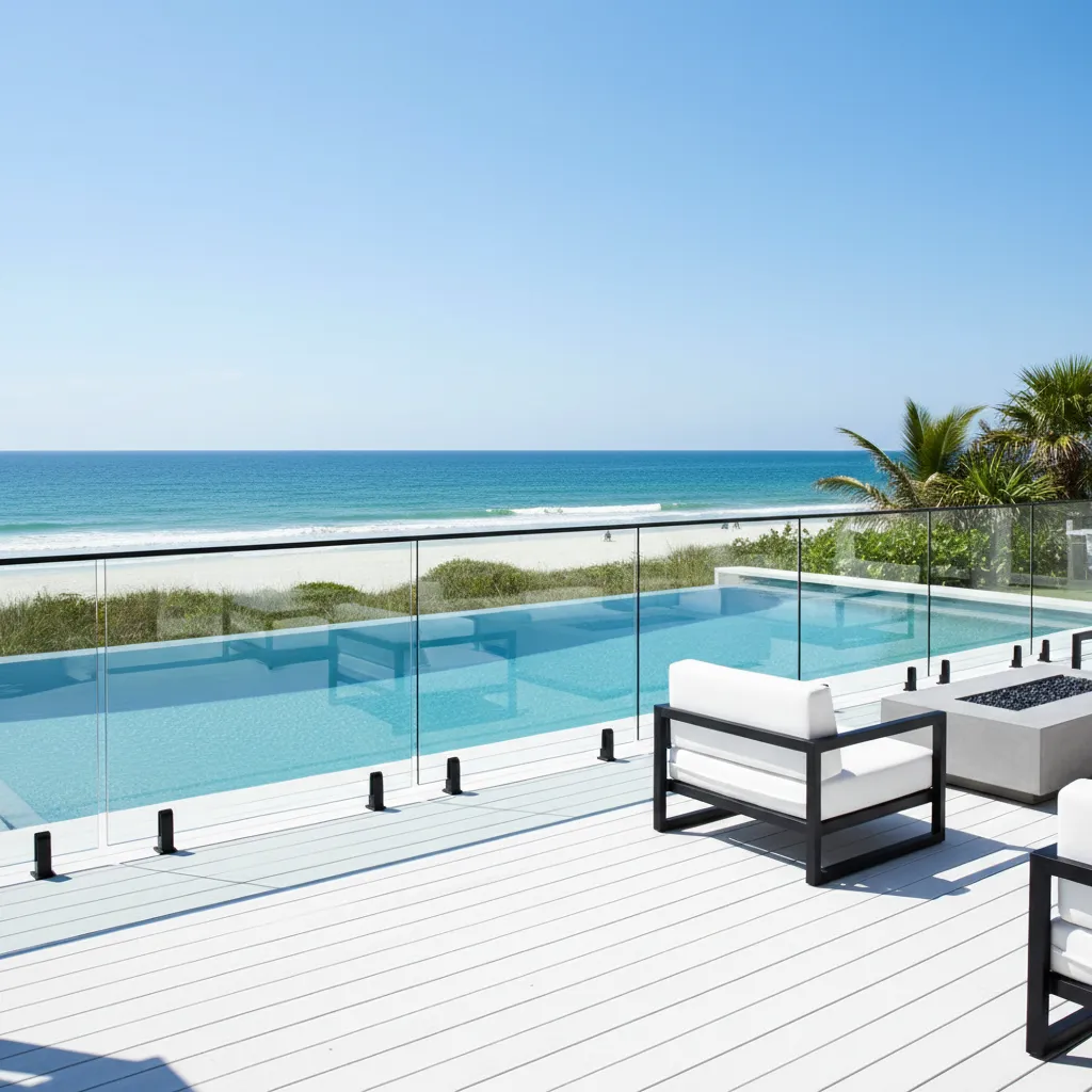 Luxury beachfront villa outdoor swimming pool enclosed with a seamless frameless glass fencing system secured by black floor spigots, custom installed by Al Najm Glass and Mirror in Doha, Qatar.