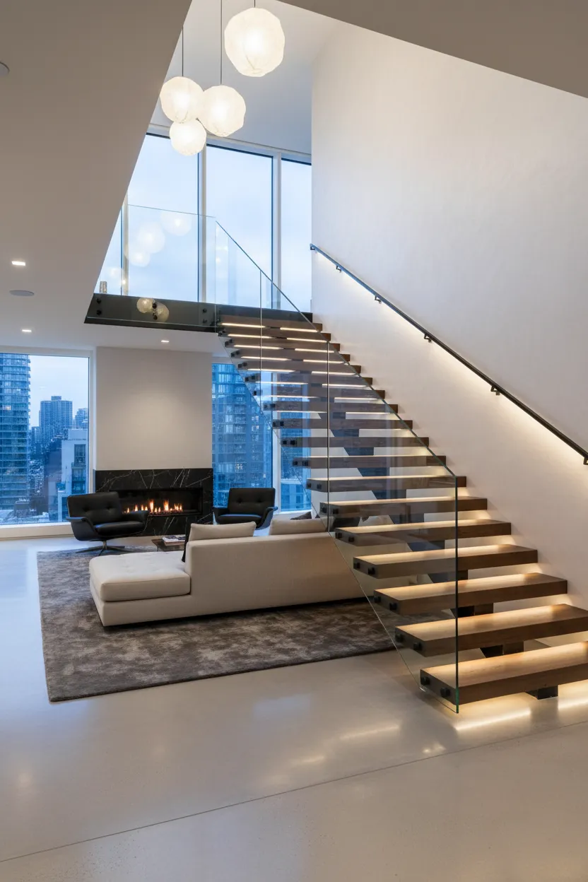 Elite residential interior architectural glazing solution showcasing a high-end frameless glass balustrade and staircase railing system engineered for an upscale multi-story penthouse or luxury villa. Custom-fabricated and professionally installed by Al Najm Glass and Mirror, this premier structural installation features thick, ultra-clear tempered safety glass panels securely side-mounted to heavy-duty floating dark oak wooden stair treads using polished heavy-metal standoff button fixtures. The minimalist glass panel barrier extends seamlessly to enclose the upper mezzanine balcony corridor floor, maximizing natural daylight transmission and an open-concept layout while ensuring absolute structural stability and building safety code compliance. This sophisticated layout beautifully coordinates with integrated warm linear LED step lighting, a contemporary wall-mounted handrail, an elegant black marble fireplace, a luxury low-profile section sofa lounge, and large floor-to-ceiling exterior architectural glass windows framing panoramic city skyline high-rise views. Perfectly designed for high-profile private palaces, prestigious residential estates, VIP majlis properties, and luxury duplex penthouses across Doha, West Bay, Lusail, and The Pearl-Qatar. Contact Al Najm Glass and Mirror, Qatar's leading architectural glass and mirror specialists, for bespoke glass staircases, structural interior balustrades, and high-quality residential glazing engineering.