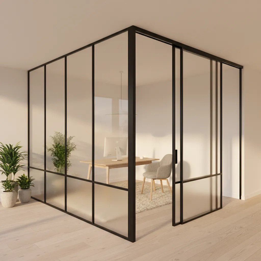 Modern L-shaped black aluminum profile glass office partition wall featuring a sliding glass door and frosted bottom privacy panels custom installed by Al Najm Glass and Mirror in Doha, Qatar.