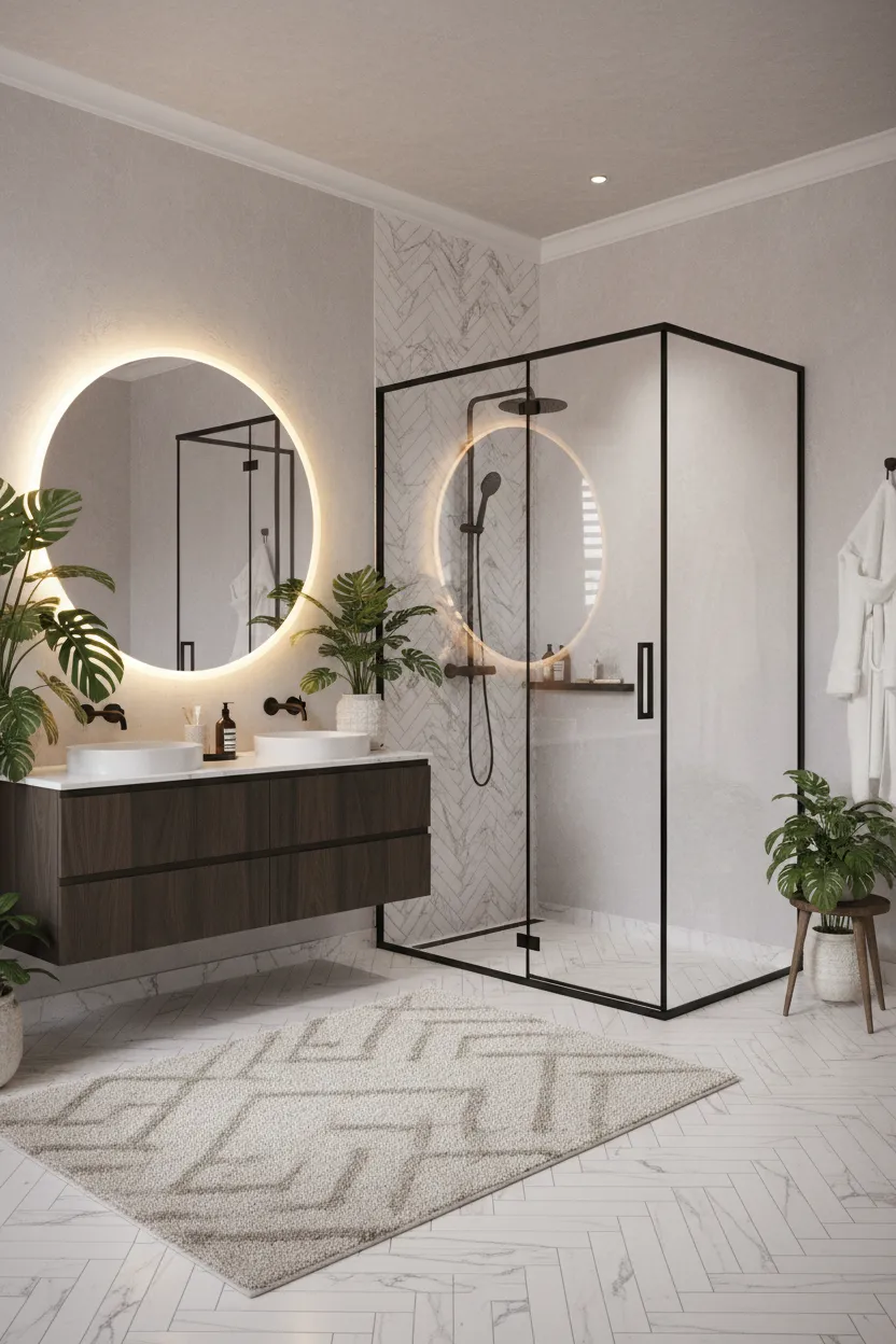 Contemporary bathroom design featuring a custom oversized round LED backlit smart vanity mirror and a modern black framed corner glass shower enclosure with matte black fixtures custom installed by Al Najm Glass and Mirror in a Doha residence, Qatar.