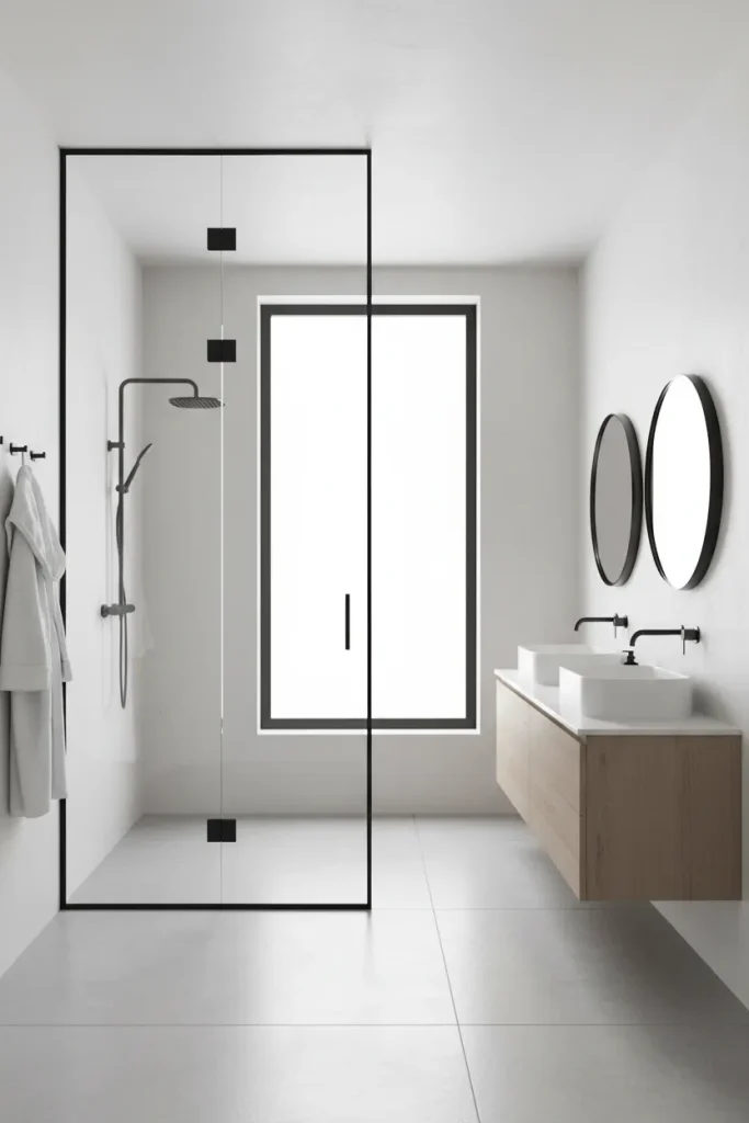 Modern black industrial framed glass shower screen and clear glass hinge door custom installed by Al Najm Glass and Mirror in a luxury minimalist bathroom in Doha, Qatar.