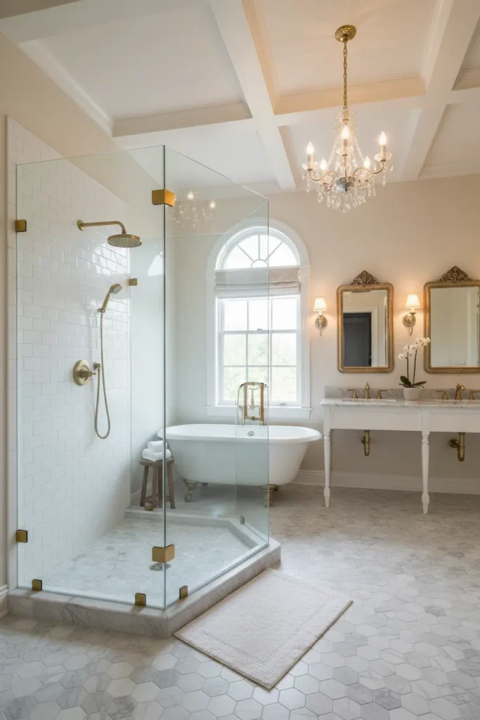 Luxury classical master bathroom featuring a custom neo-angle frameless glass shower enclosure with polished gold hardware clips and matching antique gold vanity mirrors custom installed by Al Najm Glass and Mirror in a Doha villa, Qatar.