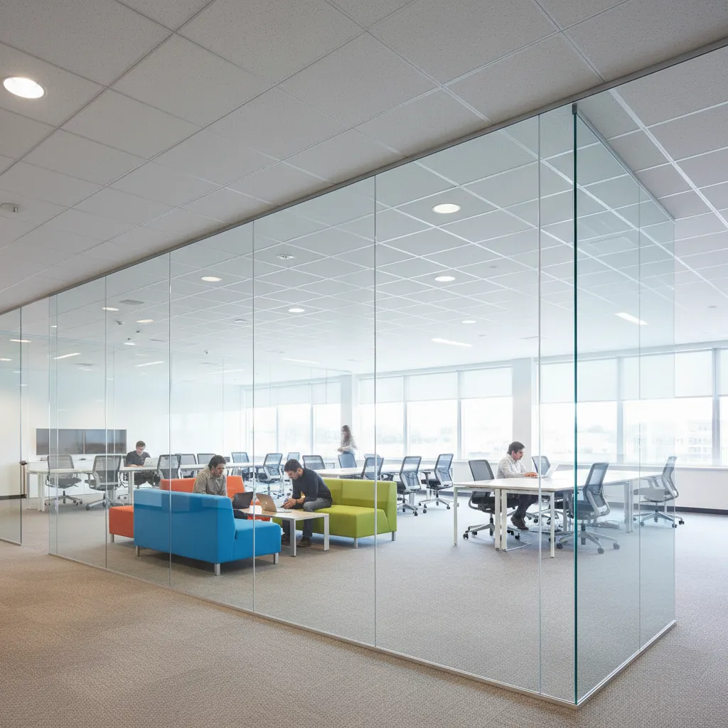 Premium office glass partitions and acoustic sliding glass walls installed for modern workspaces in West Bay and Lusail Doha by Al Najm Glass & Mirror
