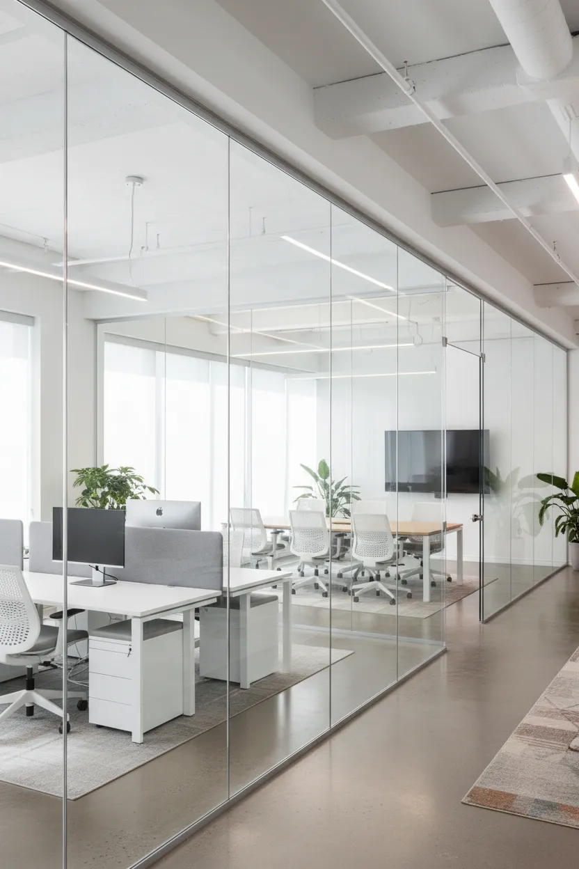 Modern corporate office interior divided by seamless floor-to-ceiling frameless glass partition walls and glass conference room doors custom installed by Al Najm Glass and Mirror in Doha, Qatar.