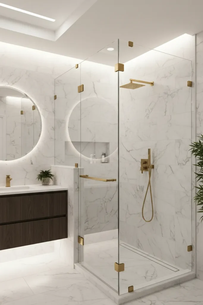 Luxury modern master bathroom showcasing a custom corner frameless glass shower cubicle with brushed gold hardware fittings and a large round LED backlit smart vanity mirror installed by Al Najm Glass and Mirror in a Doha villa, Qatar.