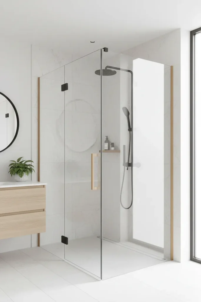 Bespoke corner frameless glass shower enclosure featuring matte black wall hinges and a luxury brushed gold door handle bar custom installed by Al Najm Glass and Mirror in a Doha villa, Qatar.
