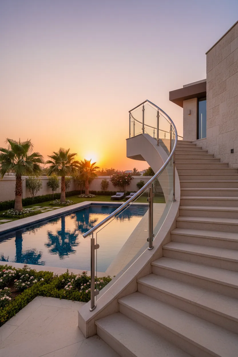 Luxury villa exterior featuring a grand curved stone staircase with custom curved glass balustrade panels and stainless steel handrails installed by Al Najm Glass and Mirror next to an outdoor pool in Doha, Qatar.