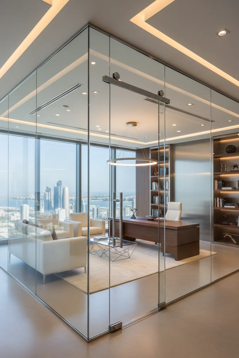 Ultra luxury executive office cabin featuring a bespoke corner glass-to-glass partition wall cube and an overhead sliding glass barn door custom installed by Al Najm Glass and Mirror in a high-rise tower overlooking West Bay, Doha, Qatar.