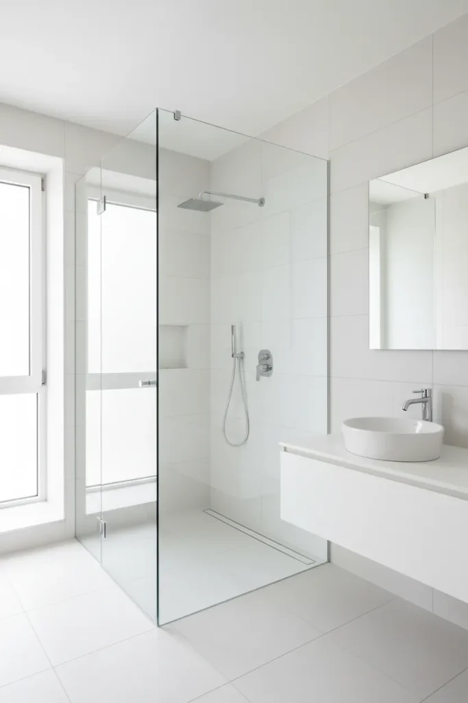 Minimalist corner frameless glass shower enclosure featuring ultra-clear tempered glass panels and polished chrome hardware custom installed by Al Najm Glass and Mirror in a modern Doha apartment.