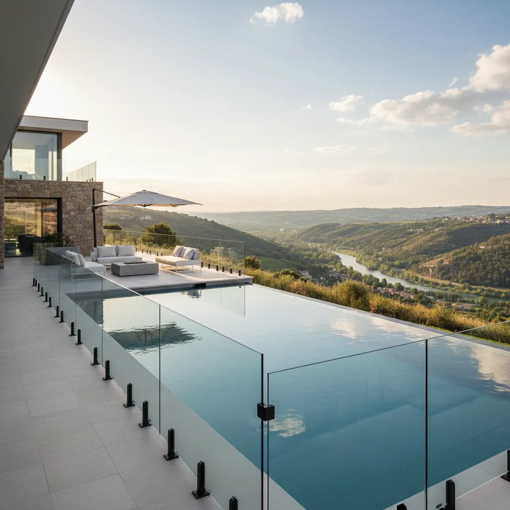 Luxury infinity-edge outdoor swimming pool enclosed with a premium frameless glass pool fencing system secured by matte black structural floor spigots custom installed by Al Najm Glass and Mirror in Doha, Qatar.