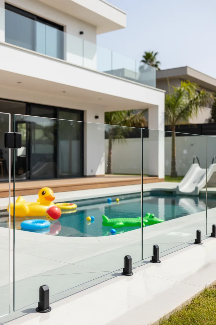 Modern family villa outdoor swimming pool featuring a secure frameless glass pool fencing system with matte black floor spigots and matching glass balcony balustrades custom installed by Al Najm Glass and Mirror in Doha, Qatar.
