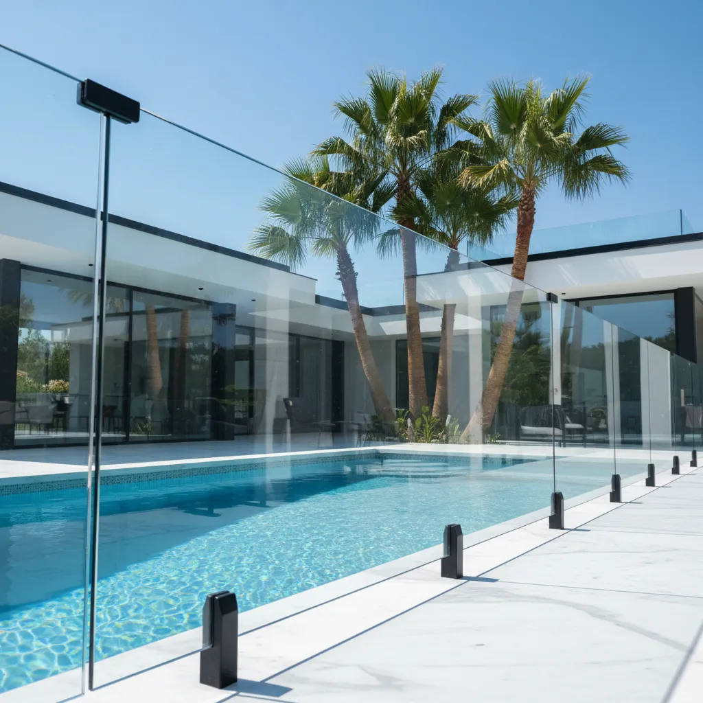 Frameless glass pool fencing and safety architectural balustrades designed for luxury residential villas and outdoor spaces in Doha and Lusail Qatar