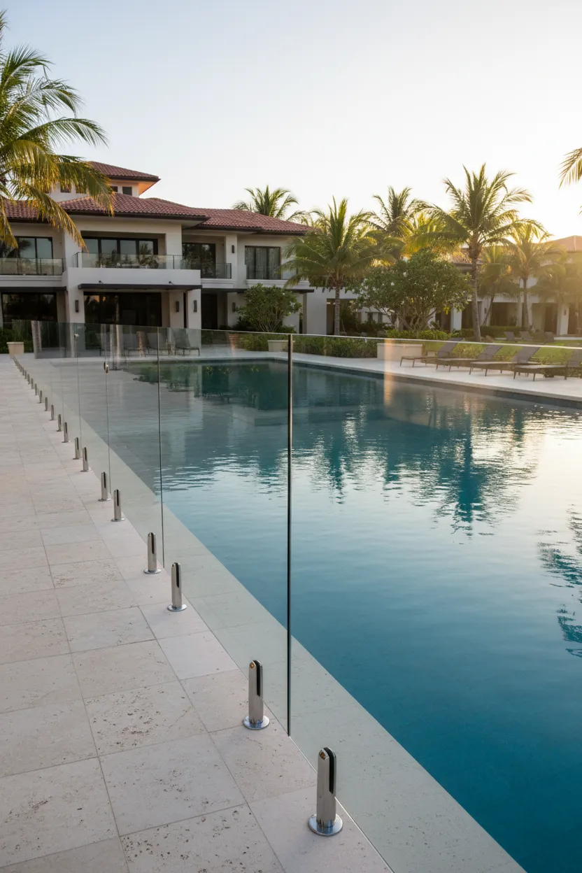 Premium outdoor architectural frameless glass pool fencing panels secured with high-grade polished stainless steel floor spigots custom installed by Al Najm Glass and Mirror around a large luxury resort-style villa swimming pool in Doha, Qatar.