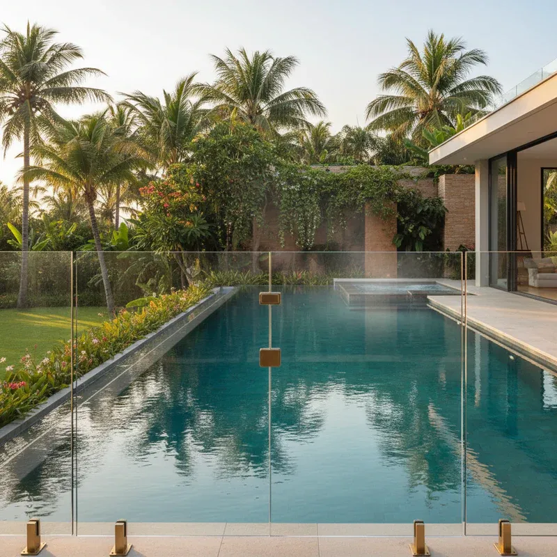 Bespoke outdoor lap pool featuring a frameless glass safety fence with an integrated walk-through gate and polished gold hardware custom installed by Al Najm Glass and Mirror in Doha, Qatar.