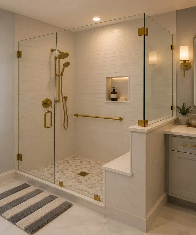 Custom corner frameless glass shower enclosure featuring thick tempered glass panels anchored with luxury brushed gold hardware clips and hinges over a stone half-wall pony wall bench by Al Najm Glass and Mirror in Doha, Qatar.