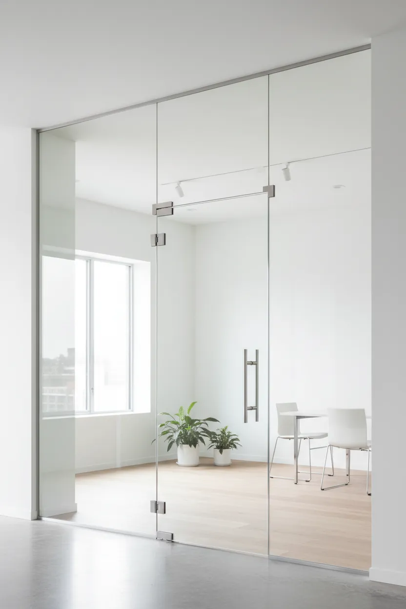 Minimalist corporate office interior featuring a seamless floor-to-ceiling frameless glass partition wall and a patch-fitted clear glass swing door with vertical stainless steel handles custom installed by Al Najm Glass and Mirror in Doha, Qatar.