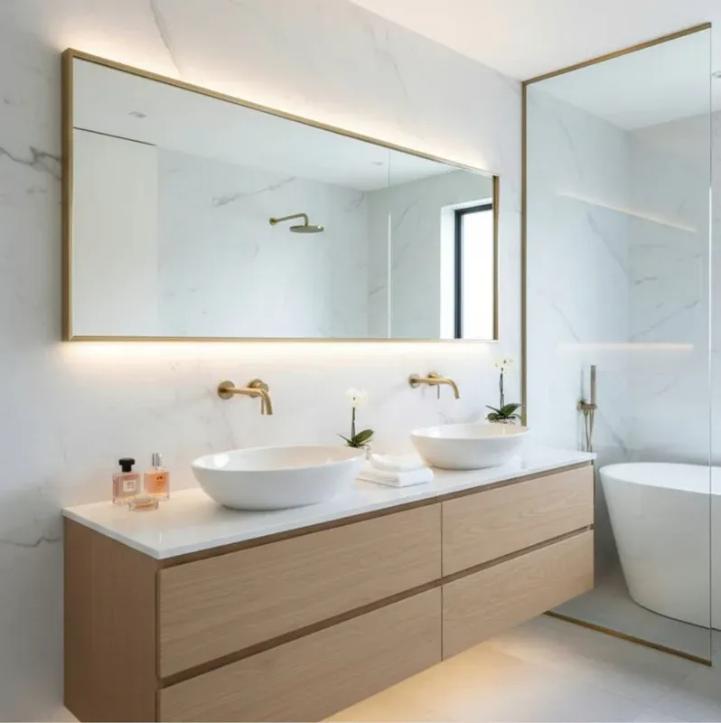 Luxury oversized horizontal rectangular smart vanity mirror featuring a slim gold frame with integrated warm perimeter LED backlighting and a matching gold-trimmed walk-in clear glass shower partition screen panel custom installed by Al Najm Glass and Mirror over a light oak double vanity in a Doha villa, Qatar.