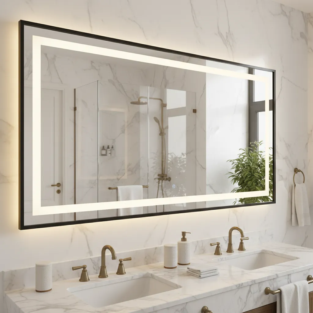 Premium custom-sized backlit LED mirrors with touch sensor smart illumination custom-fabricated for master bathroom vanity setups in Doha Qatar