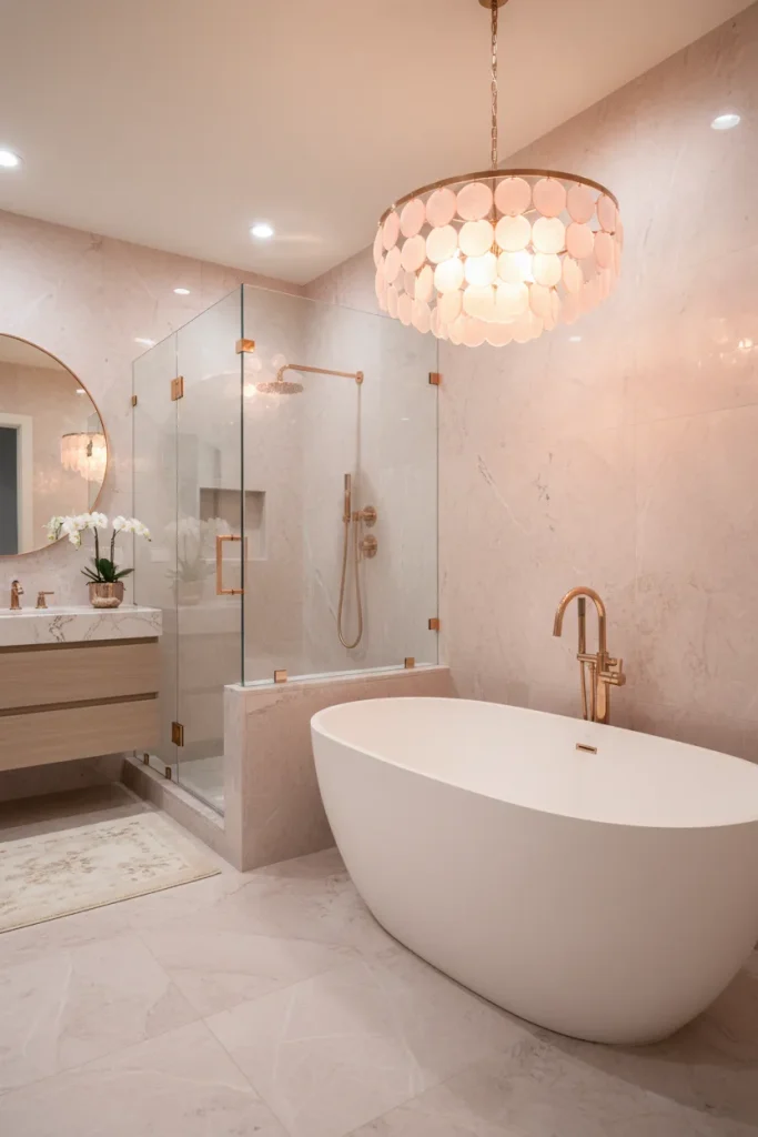 Luxury master bathroom featuring a custom corner frameless glass shower cabin built over a marble half-wall bench with rose gold hinges and a matching round vanity mirror installed by Al Najm Glass and Mirror in a Doha villa, Qatar.