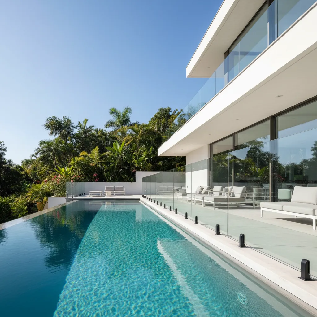 Modern two-story luxury villa featuring a frameless glass pool fence with black spigots and matching structural glass balcony balustrades custom installed by Al Najm Glass and Mirror in Doha, Qatar.