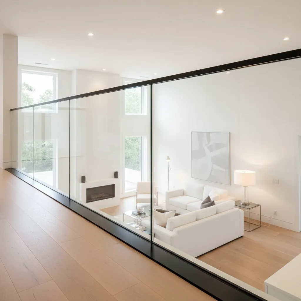 Sleek mezzanine frameless glass balustrade system with a minimalist black top handrail installed by Al Najm Glass and Mirror overlooking a luxury modern double-height living room in Doha, Qatar.