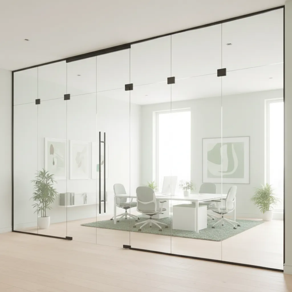 Modern minimalist office glass partition system with integrated sliding glass doors and sleek matte black hardware fittings custom installed by Al Najm Glass and Mirror in Doha, Qatar.
