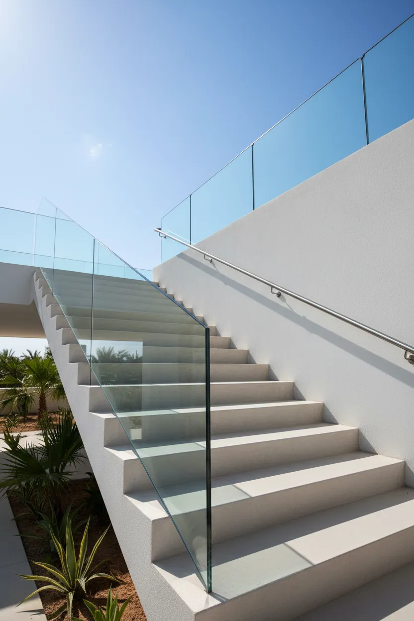 Modern luxury villa exterior featuring a minimalist concrete outdoor staircase with a custom frameless structural glass balustrade railing system installed by Al Najm Glass and Mirror in Doha, Qatar.