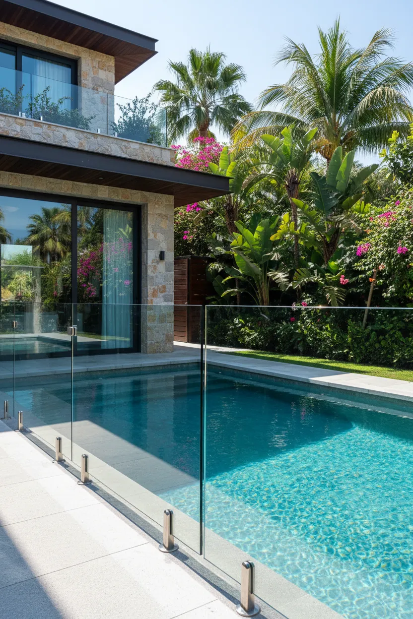 Luxury tropical villa outdoor swimming pool featuring a seamless frameless glass safety fence with polished stainless steel spigots and matching balcony glass balustrades custom installed by Al Najm Glass and Mirror in Doha, Qatar.