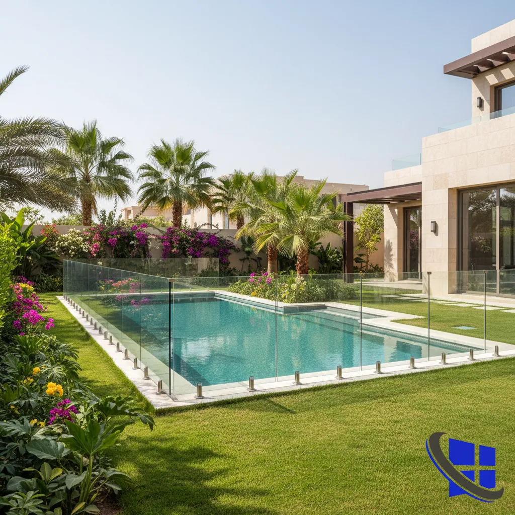 Frameless glass pool fencing in Doha by Al Najm Glass & Mirror Company. Luxury outdoor swimming pool safety balustrade installation featuring heavy-duty tempered glass panels and polished stainless steel spigots for modern residential villas in West Bay, Lusail, and The Pearl Qatar.