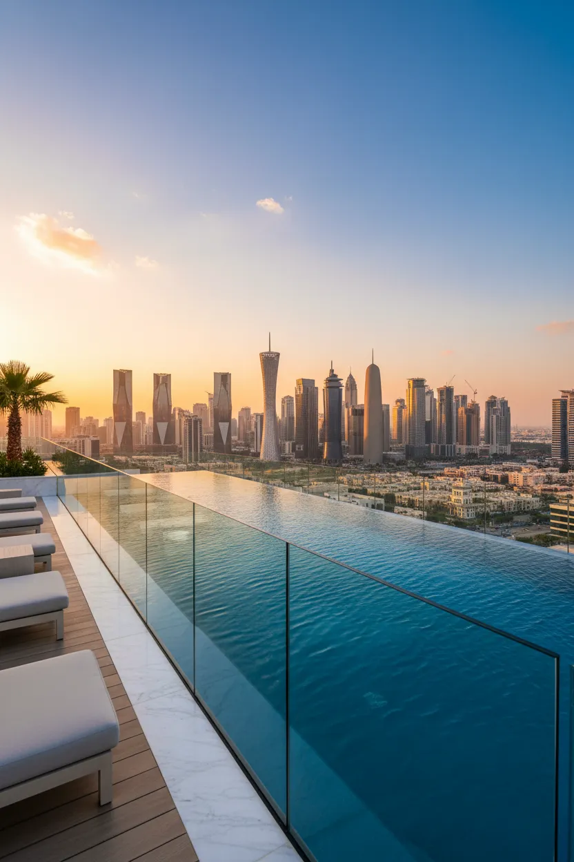 Luxury rooftop infinity swimming pool enclosed with a seamless frameless glass safety fencing balustrade custom installed by Al Najm Glass and Mirror, overlooking the iconic West Bay Doha skyline during a golden sunset in Qatar.