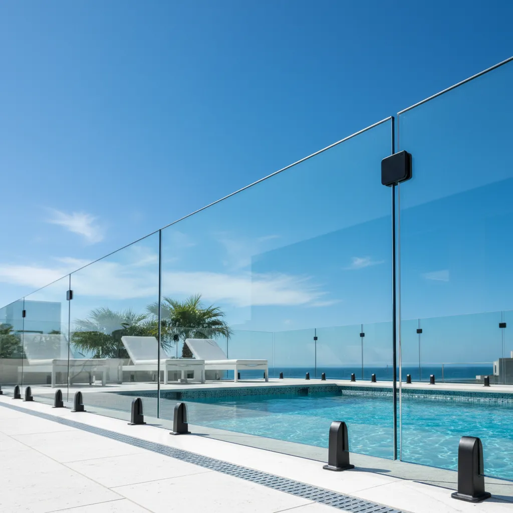 Luxury rooftop swimming pool surrounded by a premium frameless glass fencing balustrade with structural black floor spigots custom installed by Al Najm Glass and Mirror in Doha, Qatar.