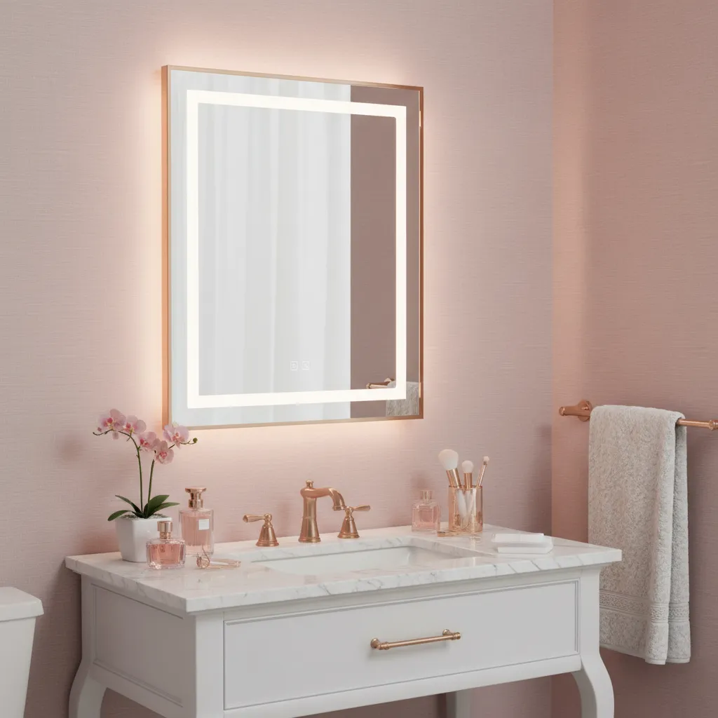 Luxury rectangular LED smart vanity mirror with an elegant rose gold aluminum frame custom installed by Al Najm Glass and Mirror over a white marble vanity in a Doha villa.