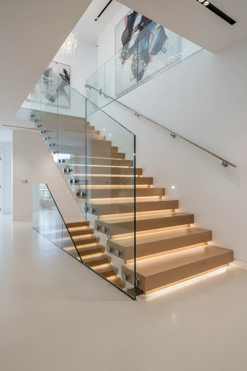Luxury modern villa interior featuring a floating oak wood staircase with a frameless structural glass balustrade side-mounted by stainless steel standoff button fixings, custom installed by Al Najm Glass and Mirror in Doha, Qatar.