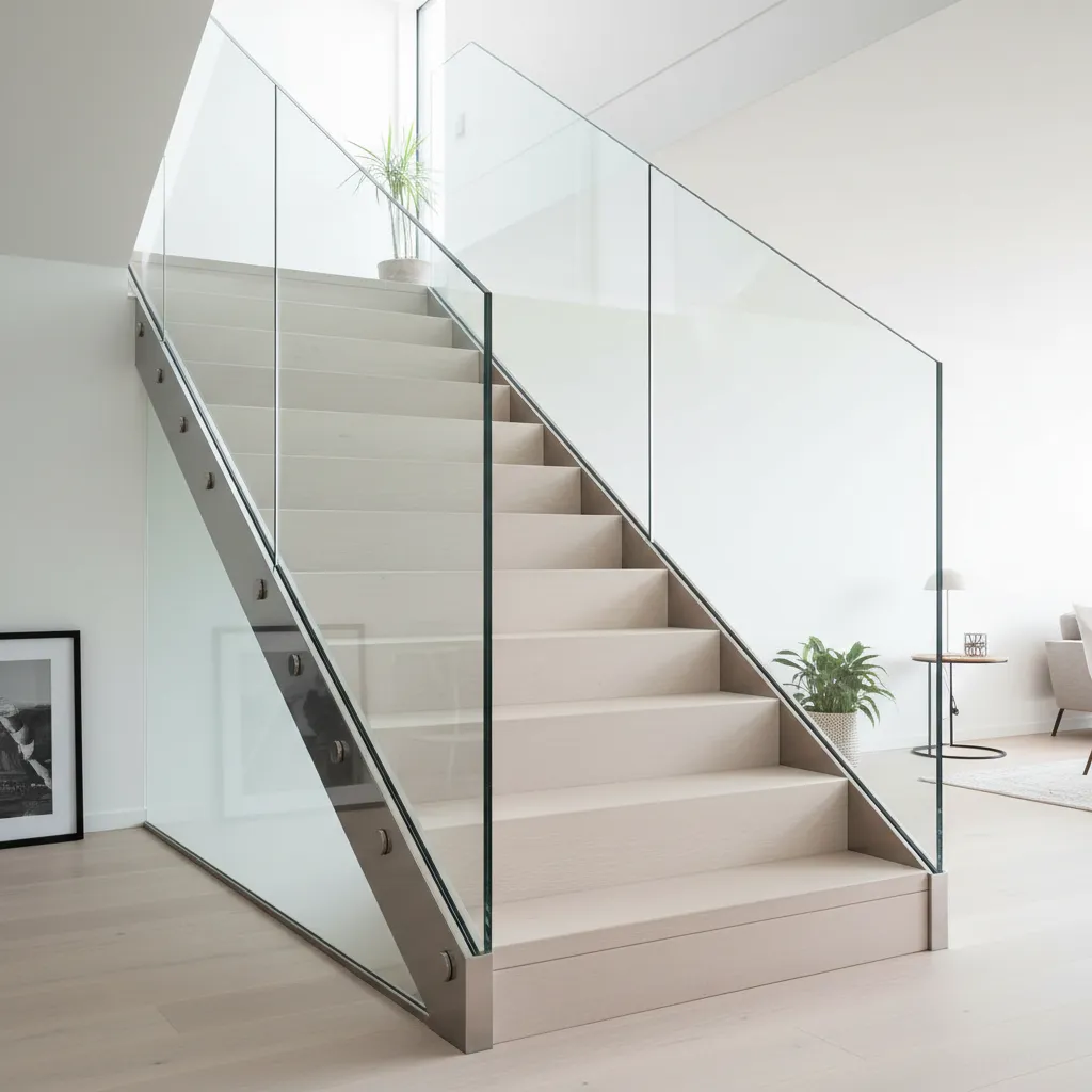 Minimalist interior glass staircase railing featuring side-mounted structural tempered glass panels with stainless steel button fixings installed by Al Najm Glass and Mirror in a modern luxury Doha villa.