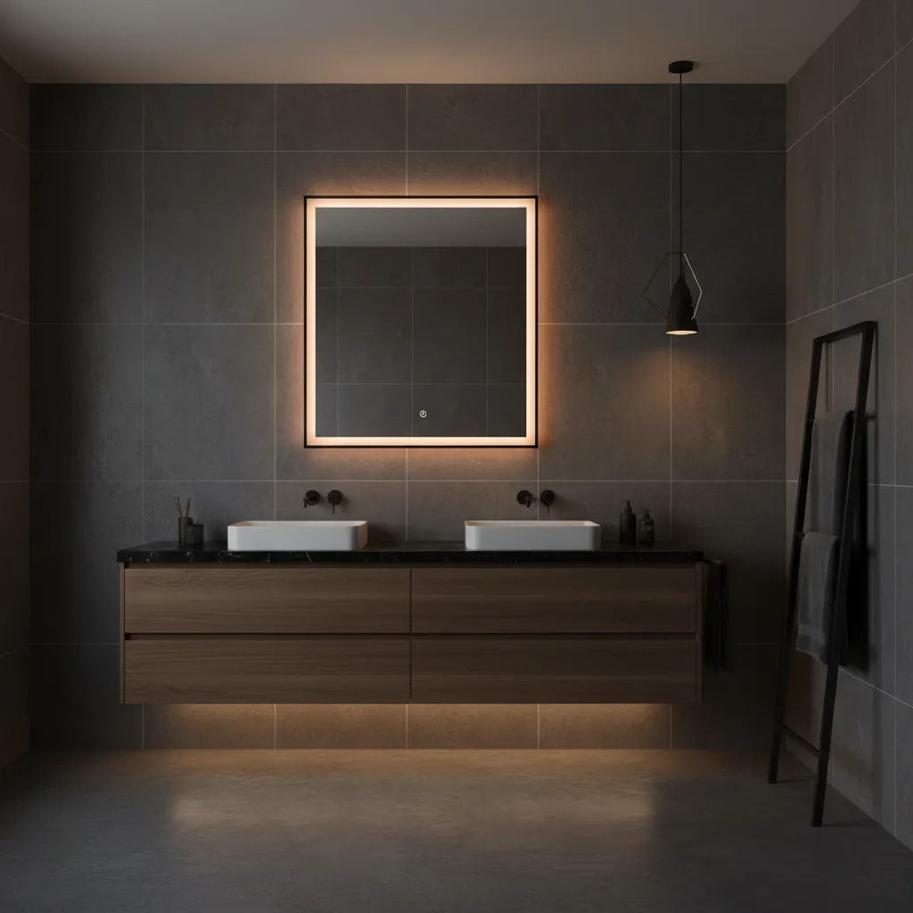 Modern square smart bathroom mirror with warm integrated LED backlighting and a sleek black frame custom installed by Al Najm Glass and Mirror above a double vanity in a luxury Doha home.