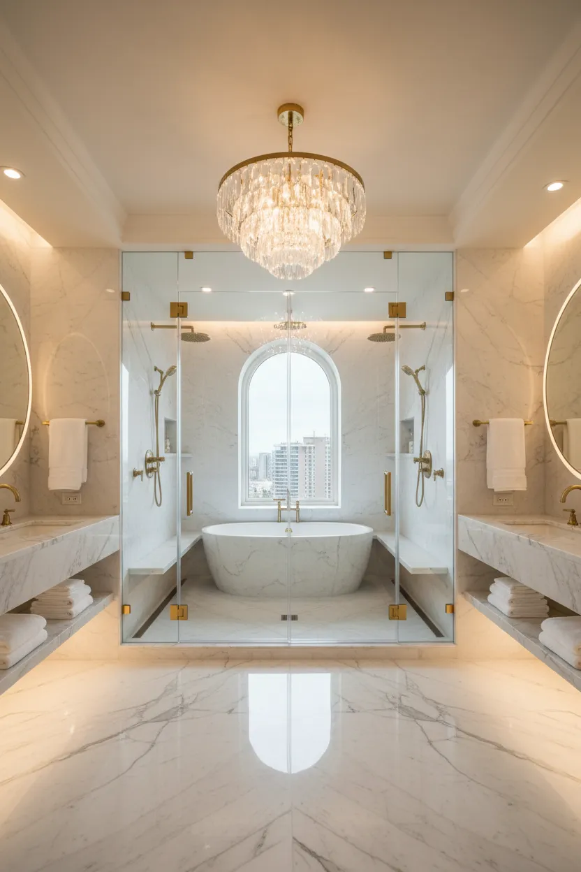 Ultra luxury symmetrical master bathroom featuring dual round backlit smart vanity mirrors and a central clear glass wet room enclosure with heavy-duty gold pivot hinges custom installed by Al Najm Glass and Mirror in a Doha villa, Qatar.