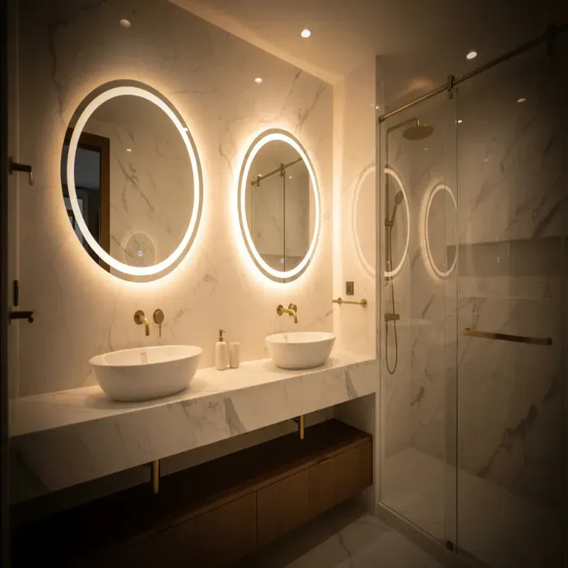 Luxury master bathroom featuring custom twin oval LED backlit smart vanity mirrors and an inline frameless sliding glass shower door with gold hardware custom installed by Al Najm Glass and Mirror in a Doha villa, Qatar.