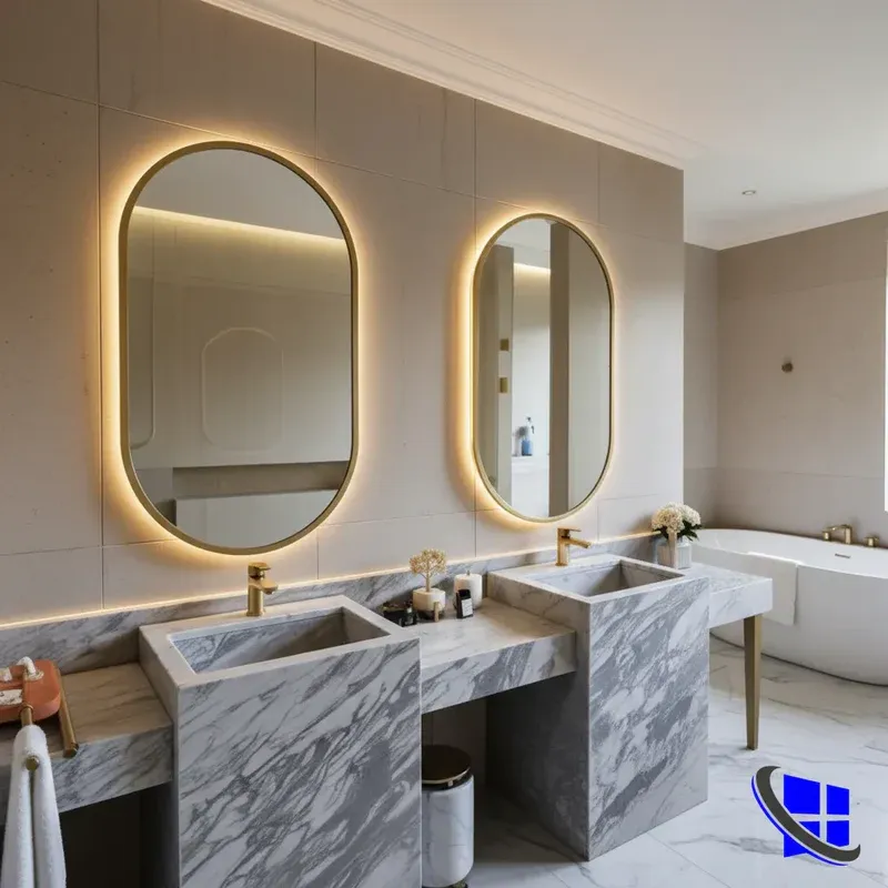 Luxury master bathroom featuring custom twin pill-shaped oblong LED backlit smart vanity mirrors with elegant gold frames custom installed by Al Najm Glass and Mirror over a grey marble double vanity in a Doha villa, Qatar.