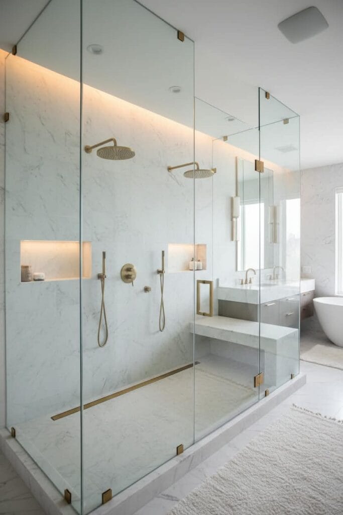 Luxury custom frameless glass shower enclosure installation in a Doha villa by Al Najm Glass & Mirror, featuring thick heavy-duty tempered safety glass panes, minimalist brushed gold brass hinges, and a dual walk-in design integrated seamlessly into a modern marble master bathroom.