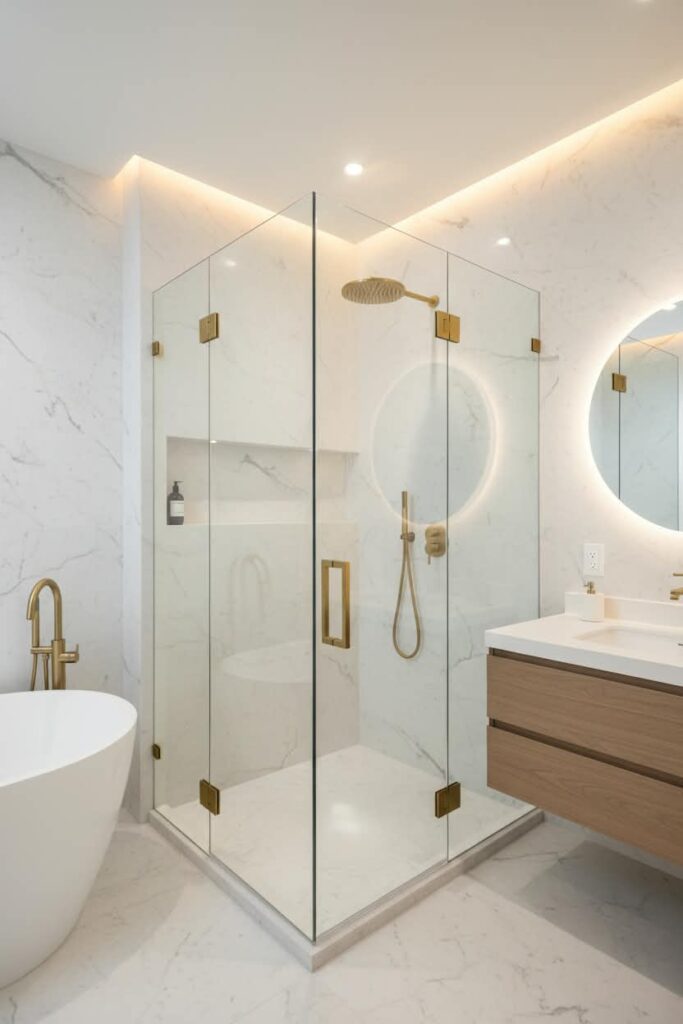 Bespoke corner L-shape frameless glass shower cubicle installed in a Doha villa by Al Najm Glass & Mirror, featuring heavy-duty tempered clear glass panels, custom gold hinges, matching gold handle, and a luxury backlit round LED smart mirror over a floating wooden vanity.
